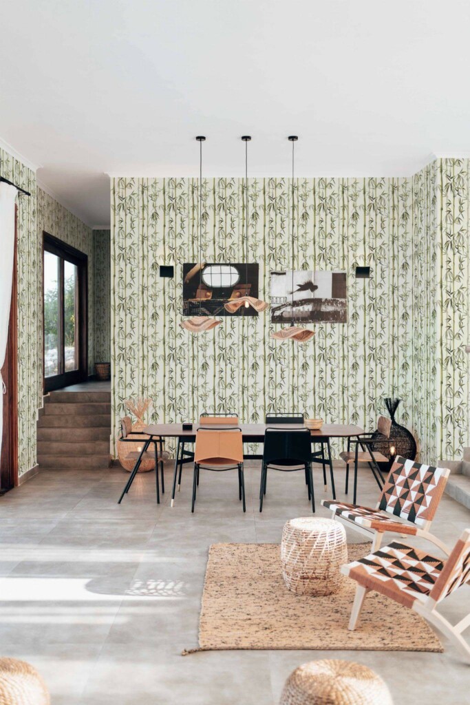 Modern boho style living dining room decorated with Bamboo tree peel and stick wallpaper
