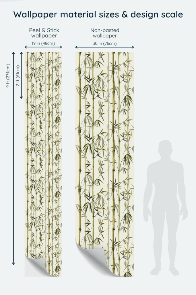 Size comparison of Bamboo Peel & Stick and Non-pasted wallpapers with design scale relative to human figure