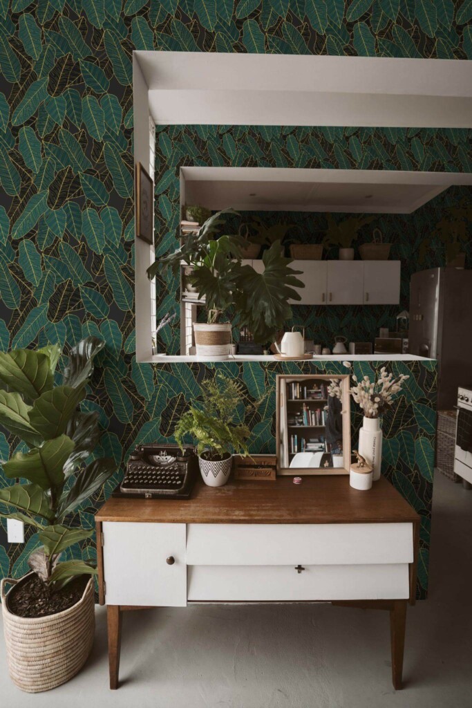 Boho style living room and kitchen decorated with Banana leaf bathroom peel and stick wallpaper and green plants