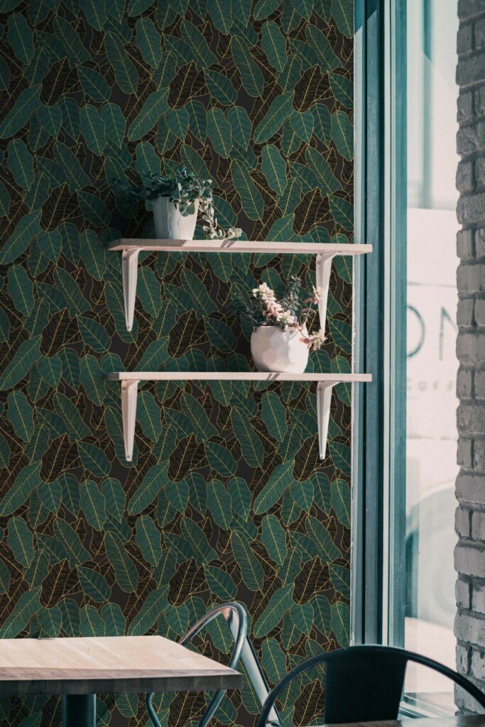 Industrial style cafe decorated with Banana leaf bathroom peel and stick wallpaper