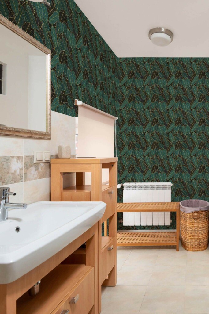 Mid-century modern style bathroom decorated with Banana leaf bathroom peel and stick wallpaper
