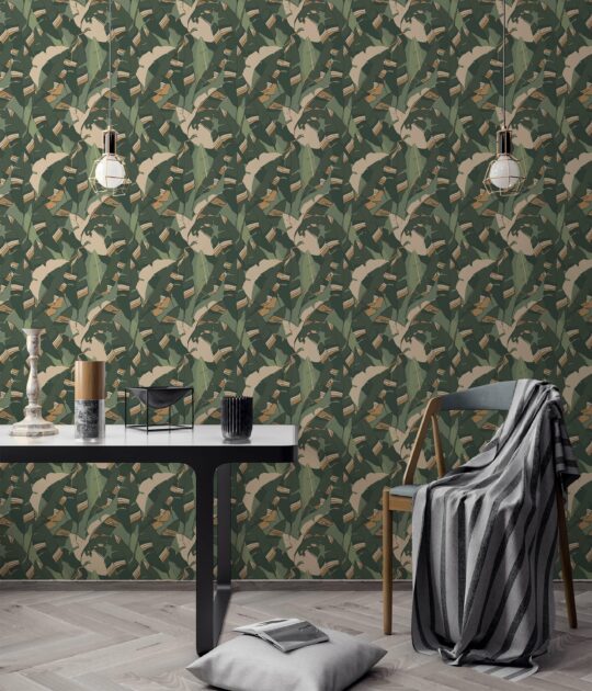 green and cream color painted unpasted wallpaper