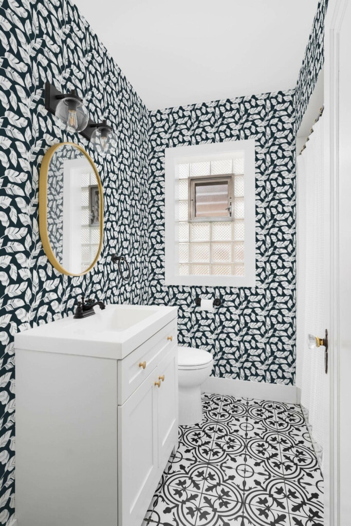 Minimal style bathroom decorated with Banana leaf peel and stick wallpaper