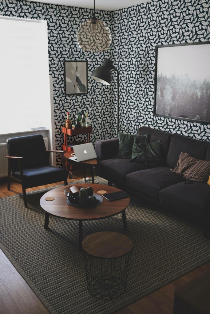 Modern dark industrial style living room decorated with Banana leaf peel and stick wallpaper