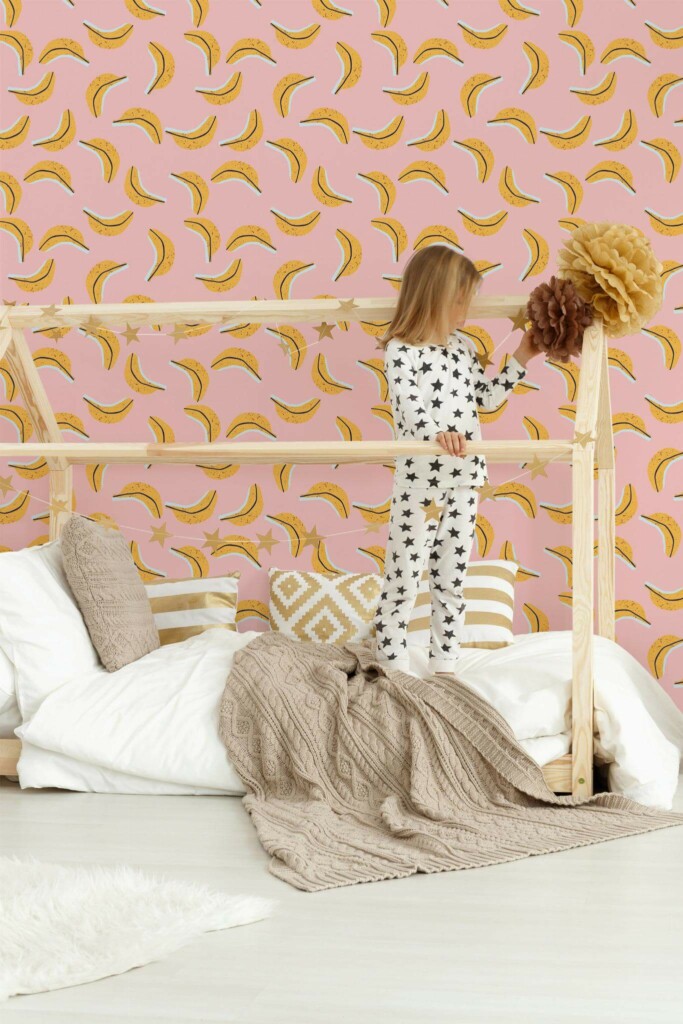Bohemian style kids room decorated with Banana peel and stick wallpaper