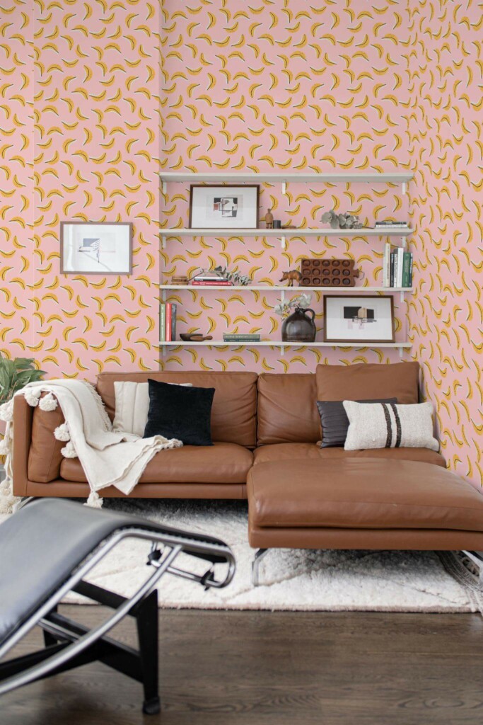Mid-century modern style living room decorated with Banana peel and stick wallpaper