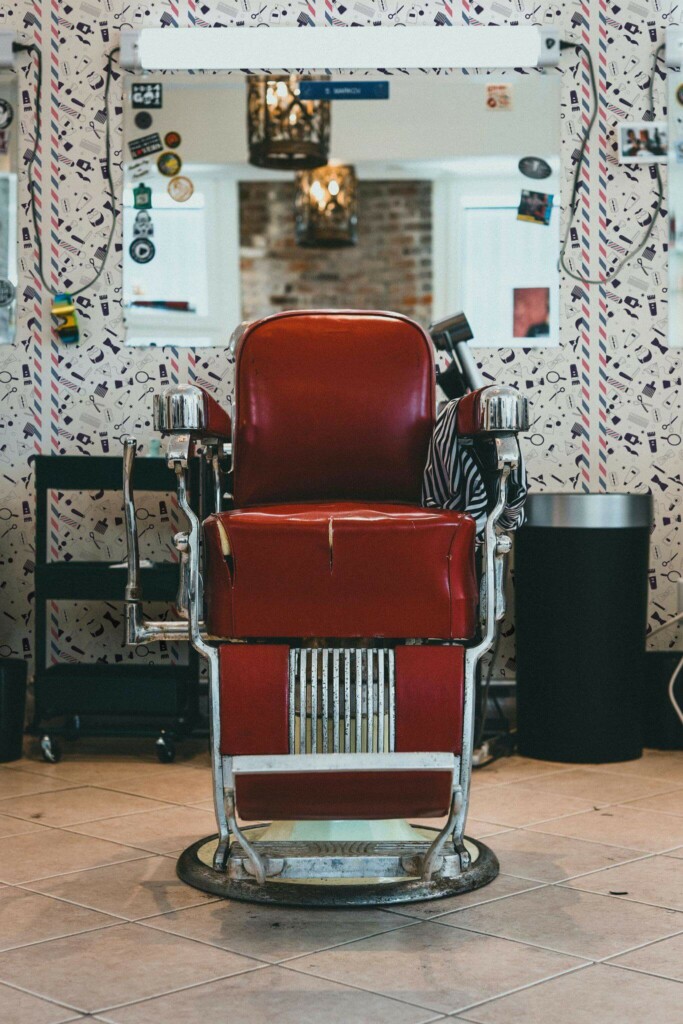 Retro style barber shop decorated with Barber shop peel and stick wallpaper