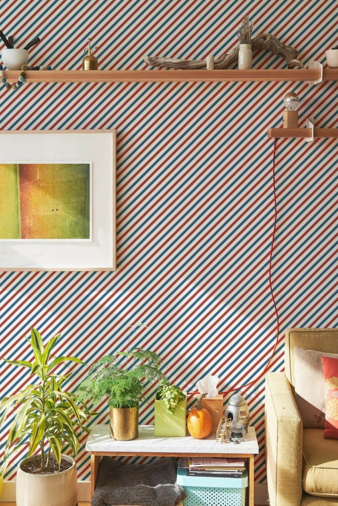 Southwestern style living room decorated with Barber shop stripes peel and stick wallpaper