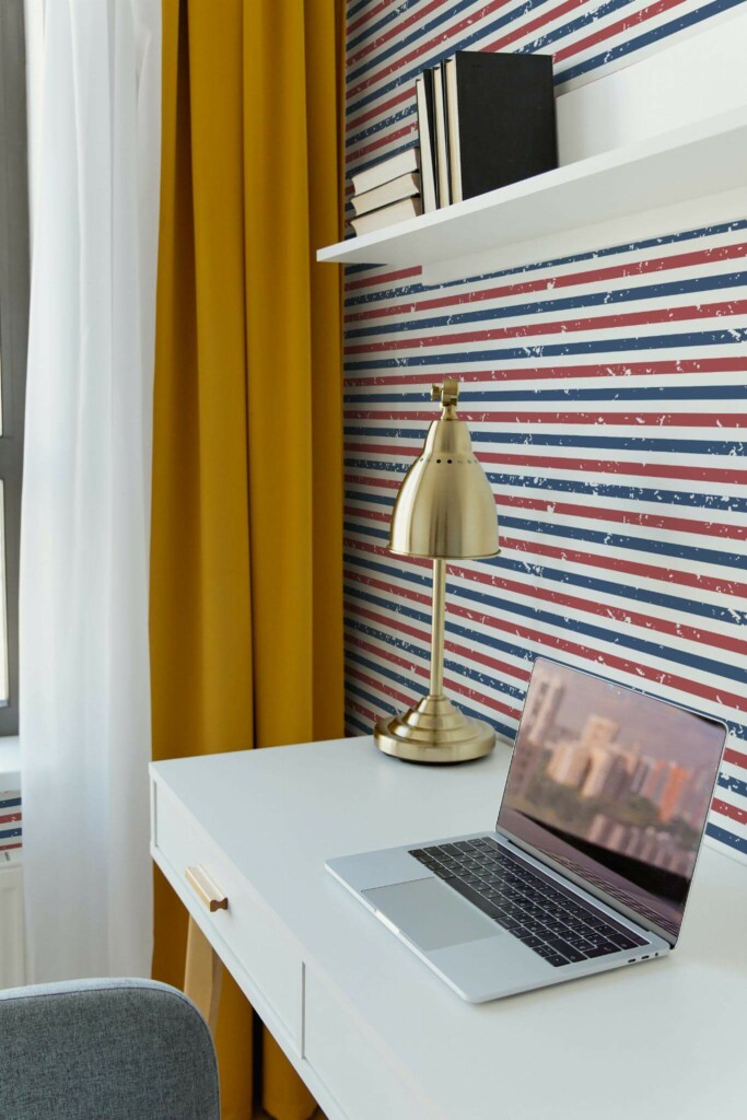 Scandinavian style home office decorated with Barber stripes peel and stick wallpaper