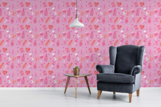 Bedroom accent wall with Barbie theme unpasted wallpaper