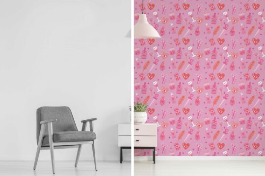 Pink Barbie aesthetic on traditional bedroom wallpaper