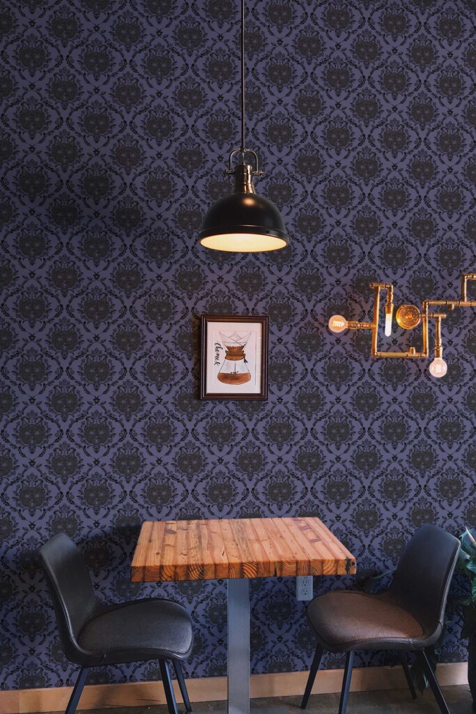 Fancy Walls peel and stick wallpaper with black gothic cats in baroque floral frames on a dark background