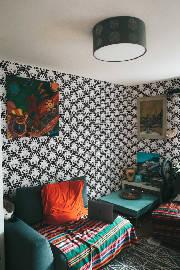 Black and white lace pattern with floral mesh by Fancy Walls peel and stick wallpaper