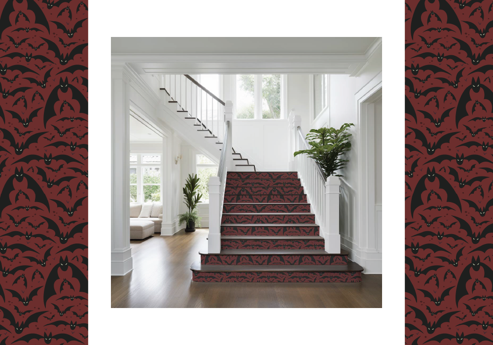 Scarlet bat-themed staircase for 2023 Halloween home decor.