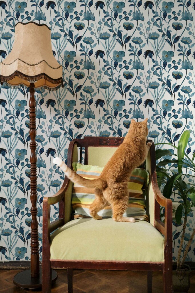 Victorian style living room with a cat decorated with Bathroom blue floral peel and stick wallpaper