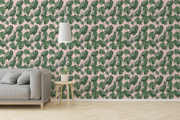 leaf pink and green traditional wallpaper