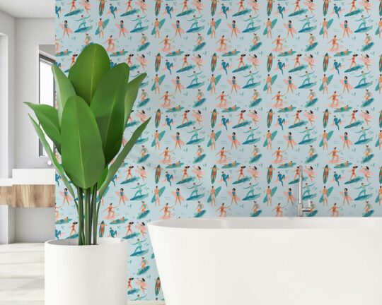 Bathroom peel and stick wallpaper surfers