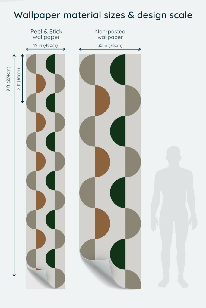 Size comparison of Bauhaus geometric Peel & Stick and Non-pasted wallpapers with design scale relative to human figure