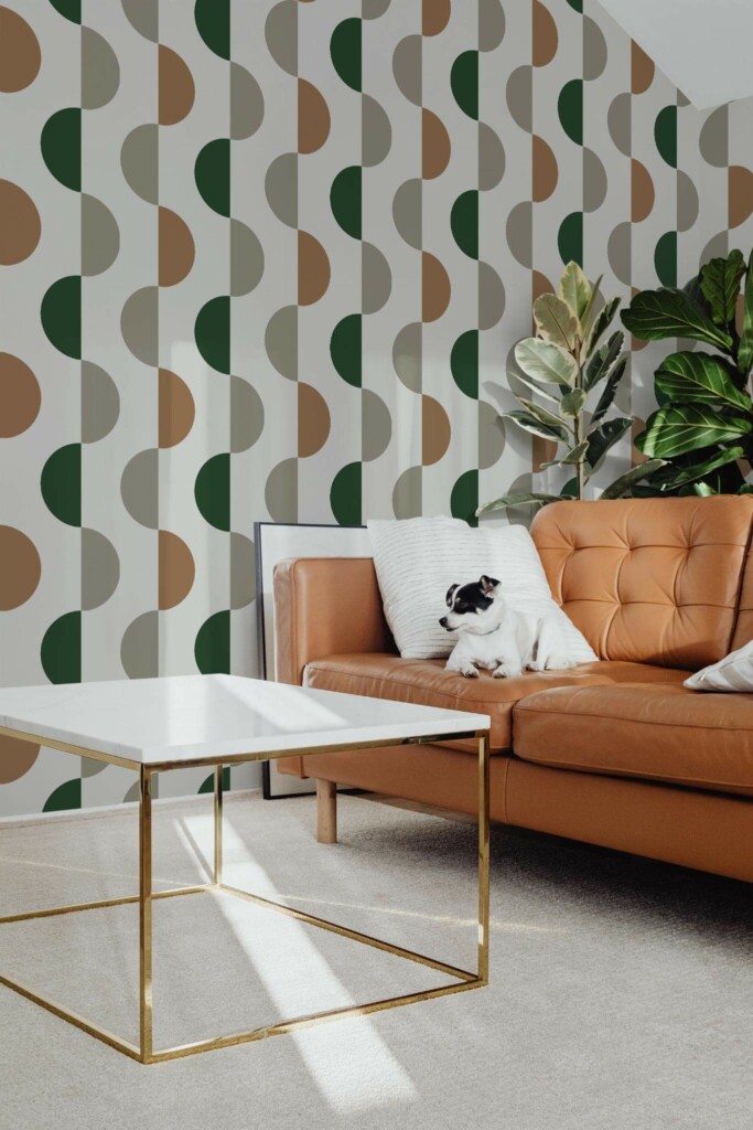 Mid-century modern style living room with dog on a sofa decorated with Bauhaus peel and stick wallpaper