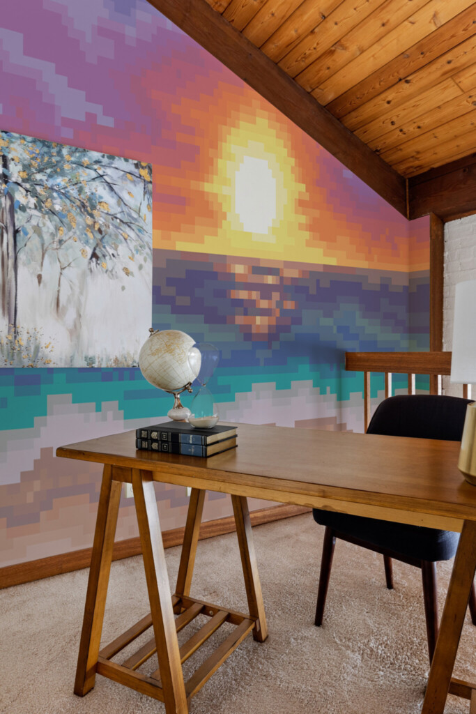 Fancy Walls colorful beach sunset with pixelated orange glow for game rooms and novelty spaces peel and stick wall murals