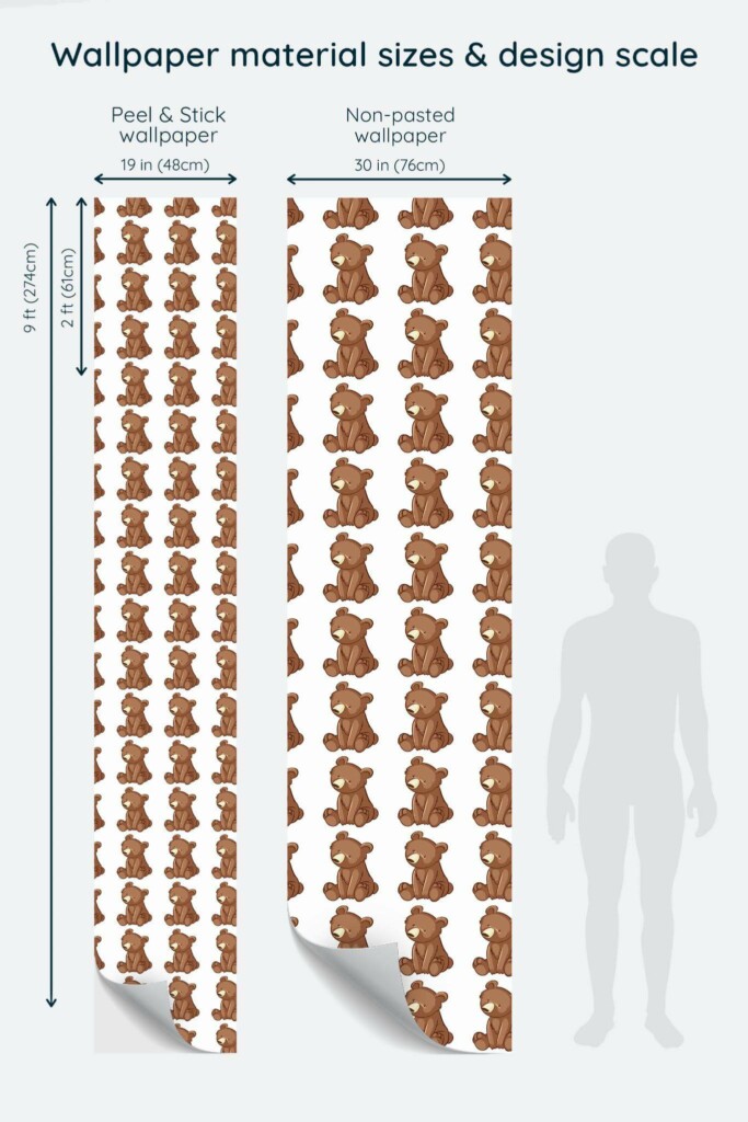 Size comparison of Bear animal Peel & Stick and Non-pasted wallpapers with design scale relative to human figure