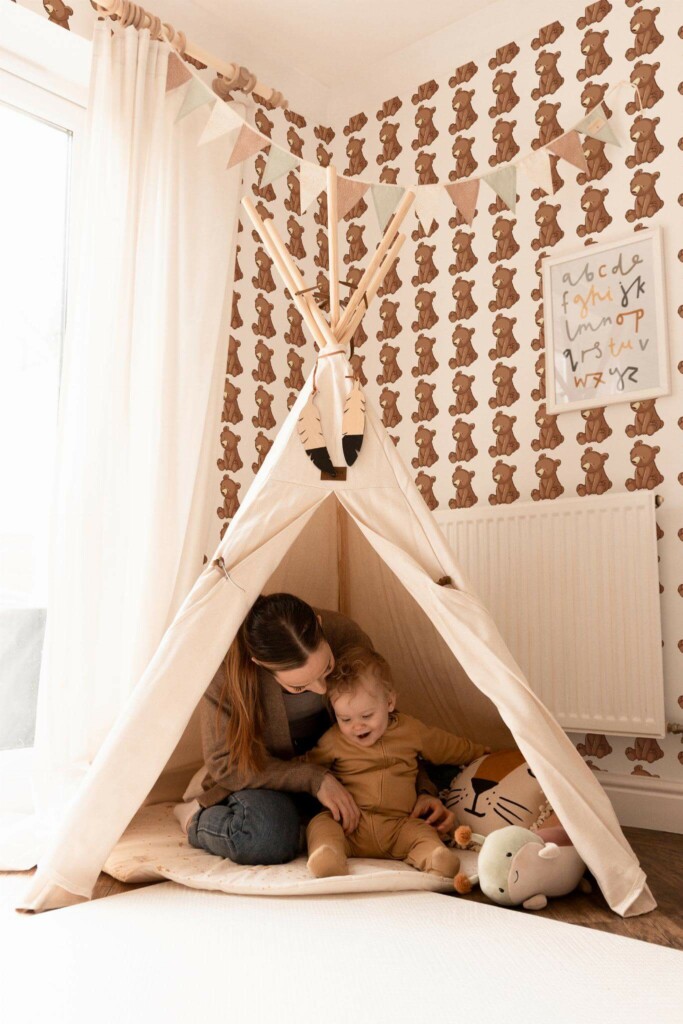 Bohemian style kids room decorated with Bear peel and stick wallpaper