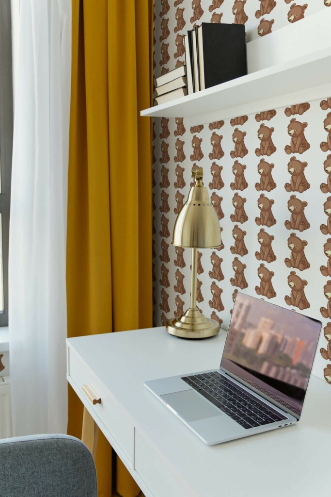 Scandinavian style home office decorated with Bear peel and stick wallpaper