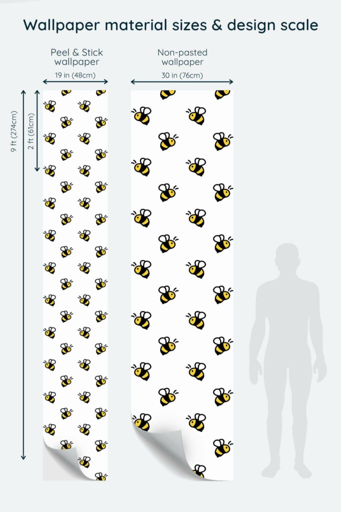 Size comparison of Bee Peel & Stick and Non-pasted wallpapers with design scale relative to human figure