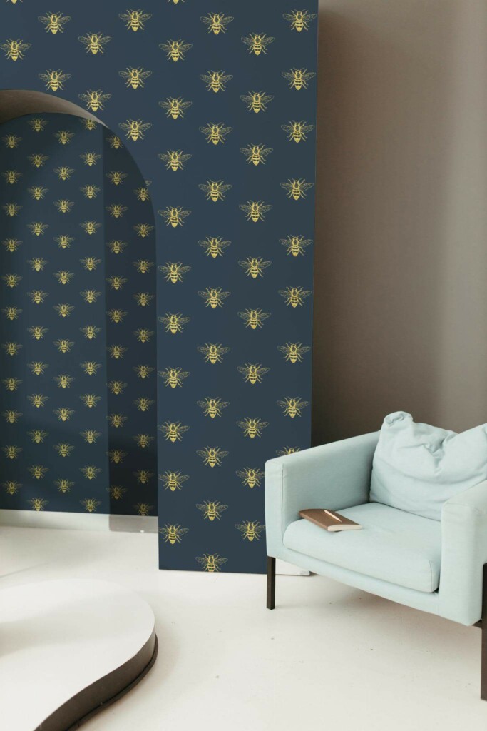 Mondern boho style living room decorated with Bees peel and stick wallpaper