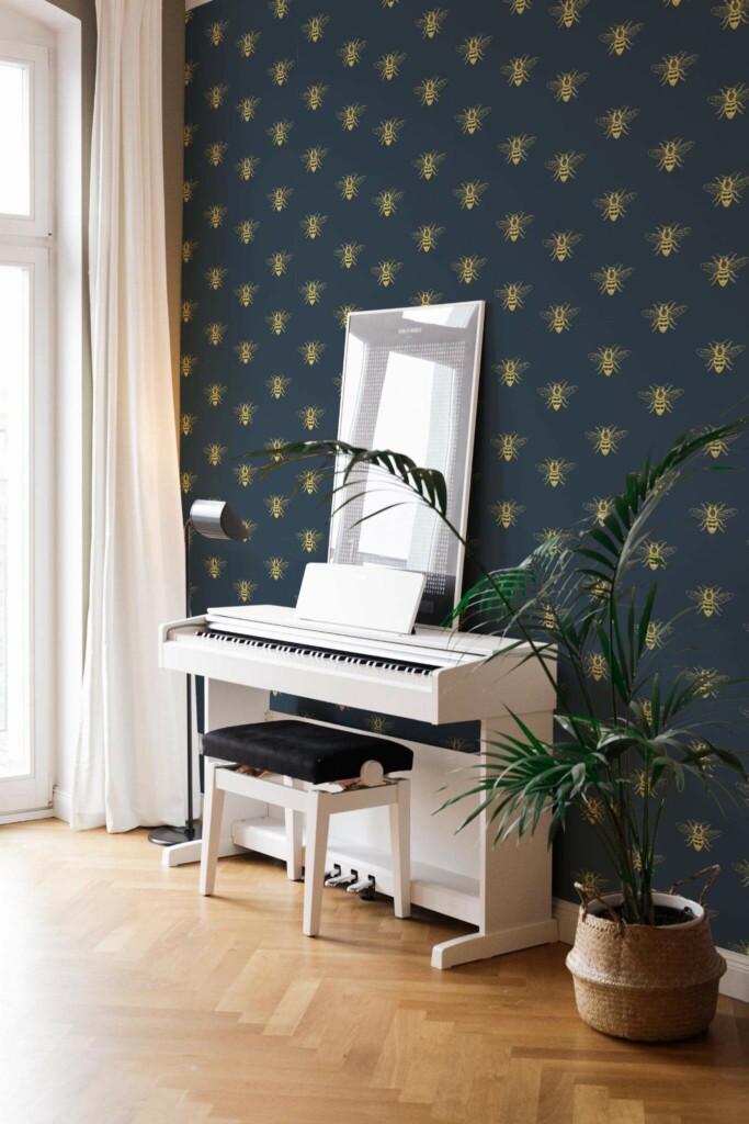 Modern style living room with a piano decorated with Bees peel and stick wallpaper