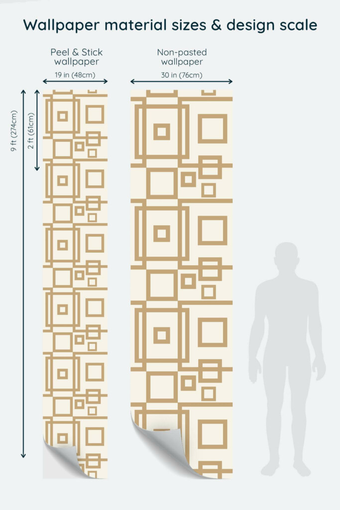 Size comparison of Beige abstract square Peel & Stick and Non-pasted wallpapers with design scale relative to human figure