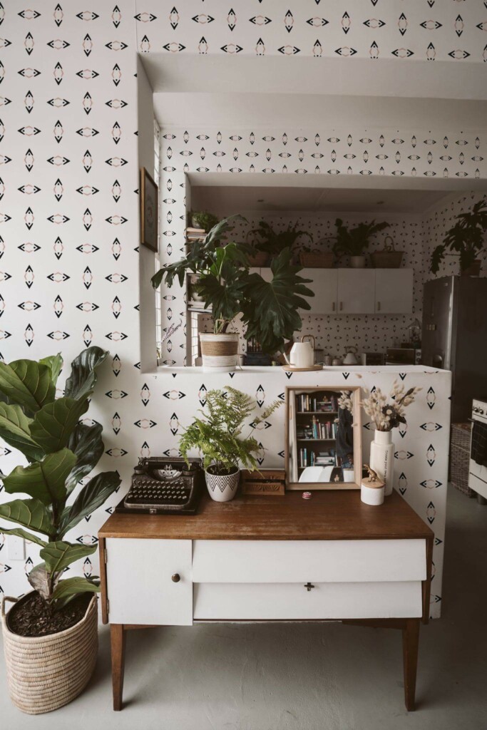 Boho style living room and kitchen decorated with Beige and black rhombus peel and stick wallpaper and green plants