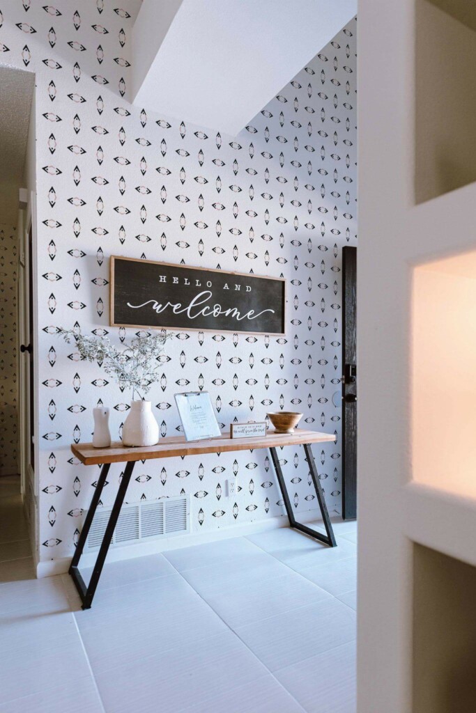 Minimal farmhouse style entryway decorated with Beige and black rhombus peel and stick wallpaper
