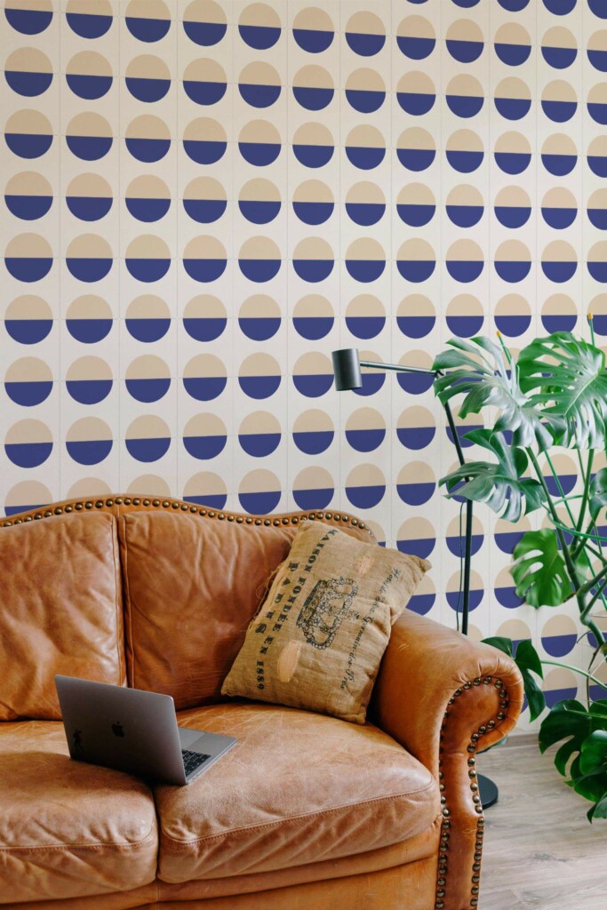 Mid-century modern style living room decorated with Beige and blue circle tile peel and stick wallpaper