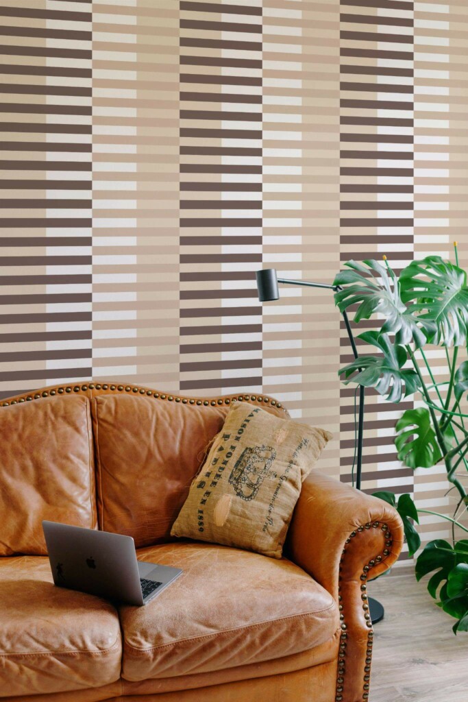 Mid-century modern style living room decorated with Beige and brown striped peel and stick wallpaper