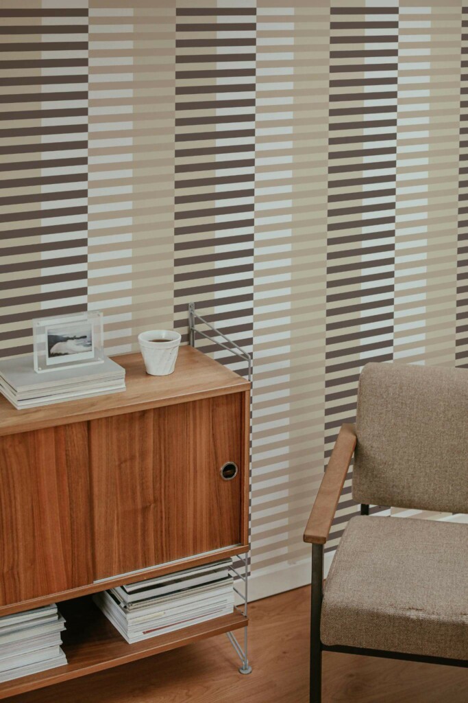 Mid-century style living room decorated with Beige and brown striped peel and stick wallpaper
