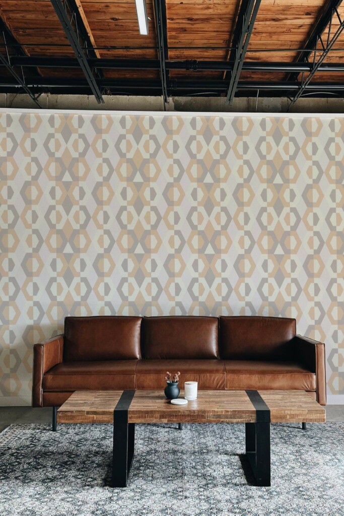 Industrial rustic style living room decorated with Beige and gray geometric peel and stick wallpaper