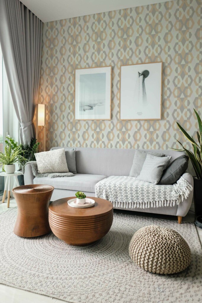 Modern scandinavian style living room decorated with Beige and gray geometric peel and stick wallpaper and green plants