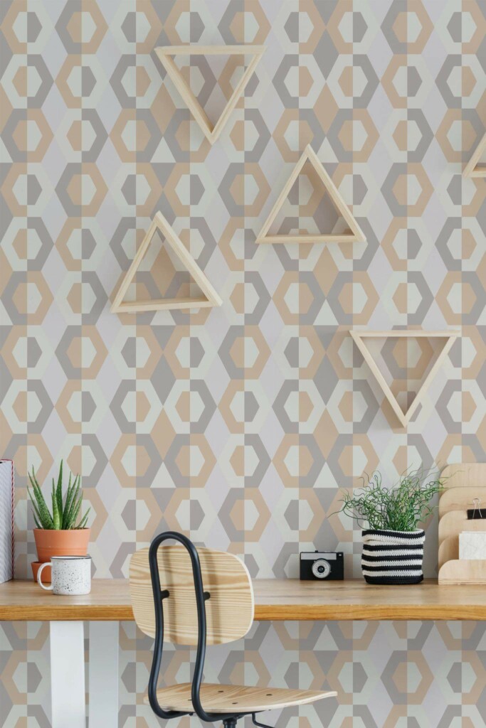 Scandinavian style home office decorated with Beige and gray geometric peel and stick wallpaper