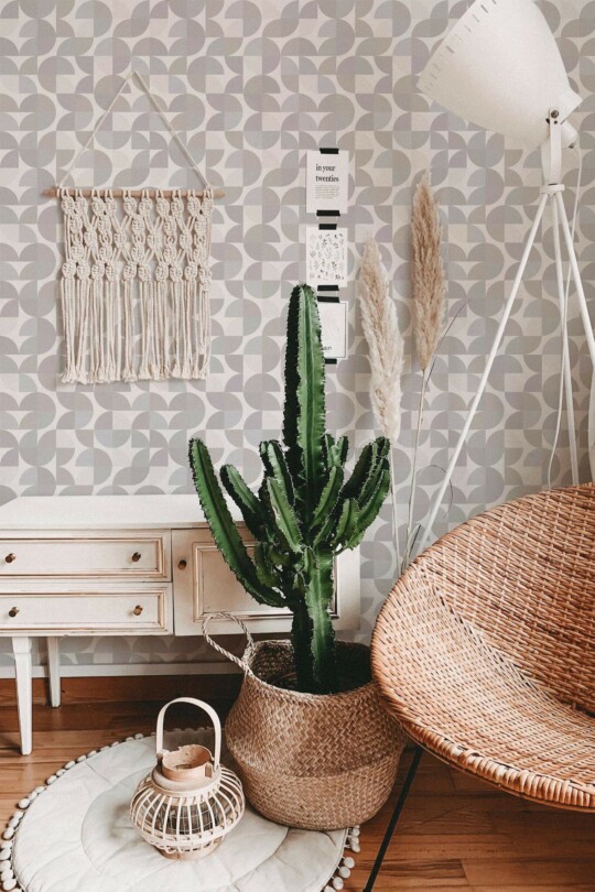 Bohemian style living room decorated with Beige and gray retro peel and stick wallpaper