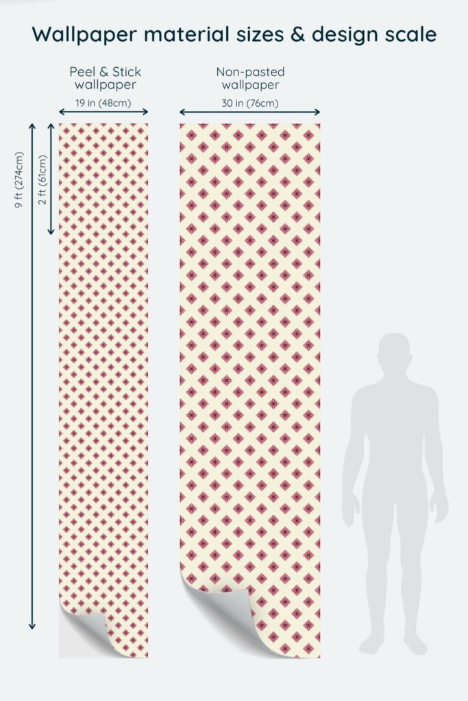 Size comparison of Beige and pink geometric Peel & Stick and Non-pasted wallpapers with design scale relative to human figure