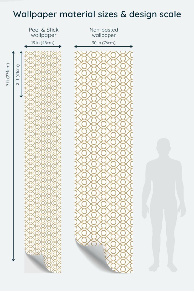 Size comparison of Beige and white Art Deco Peel & Stick and Non-pasted wallpapers with design scale relative to human figure