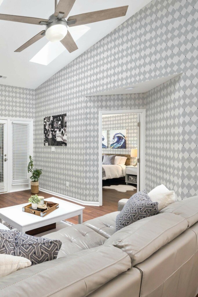 Coastal scandinavian style living room and bedroom decorated with Beige and white geometric peel and stick wallpaper