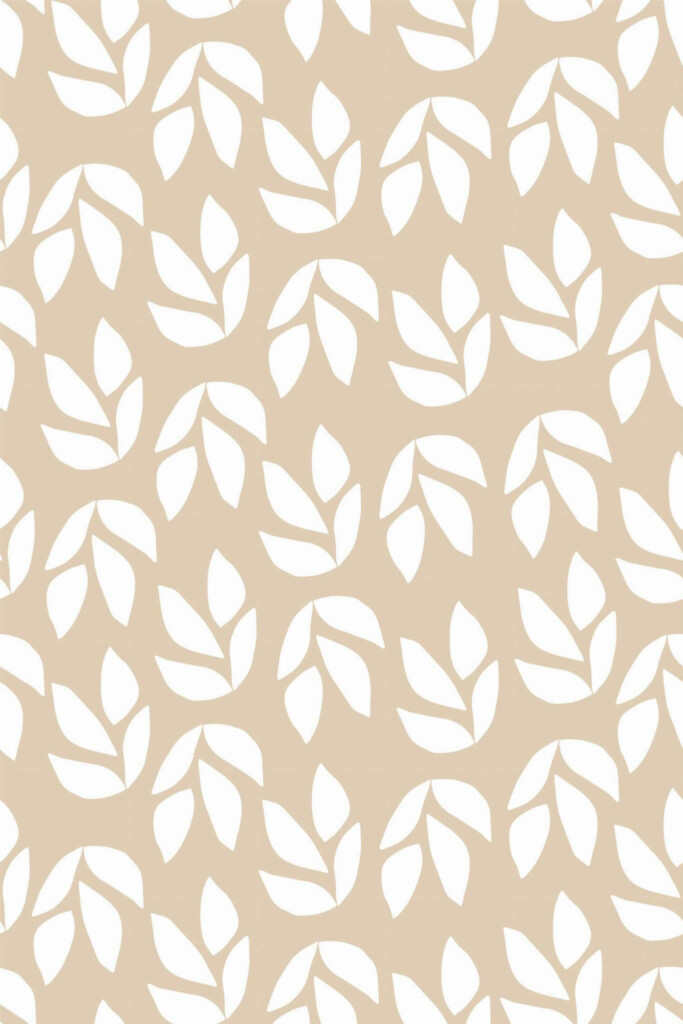 Pattern repeat of Beige and white leaf removable wallpaper design