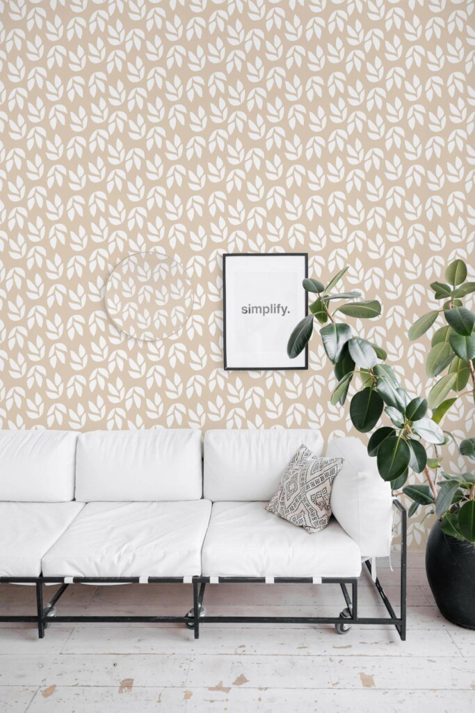 Minimal industrial style living room decorated with Beige and white leaf peel and stick wallpaper