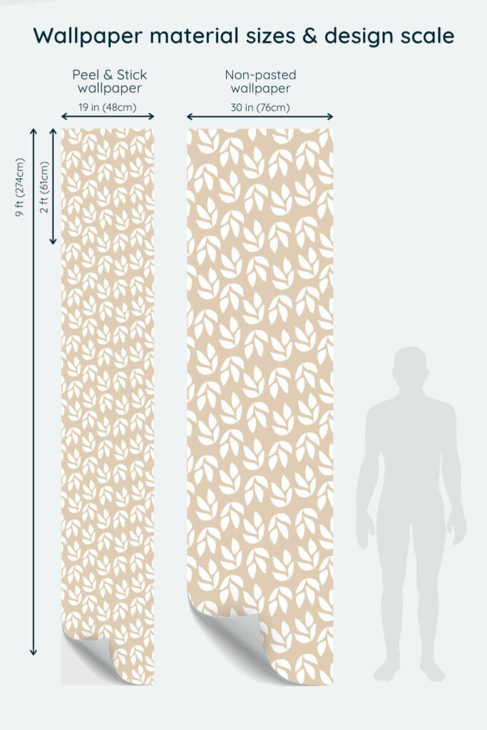 Size comparison of Beige and white leaf Peel & Stick and Non-pasted wallpapers with design scale relative to human figure