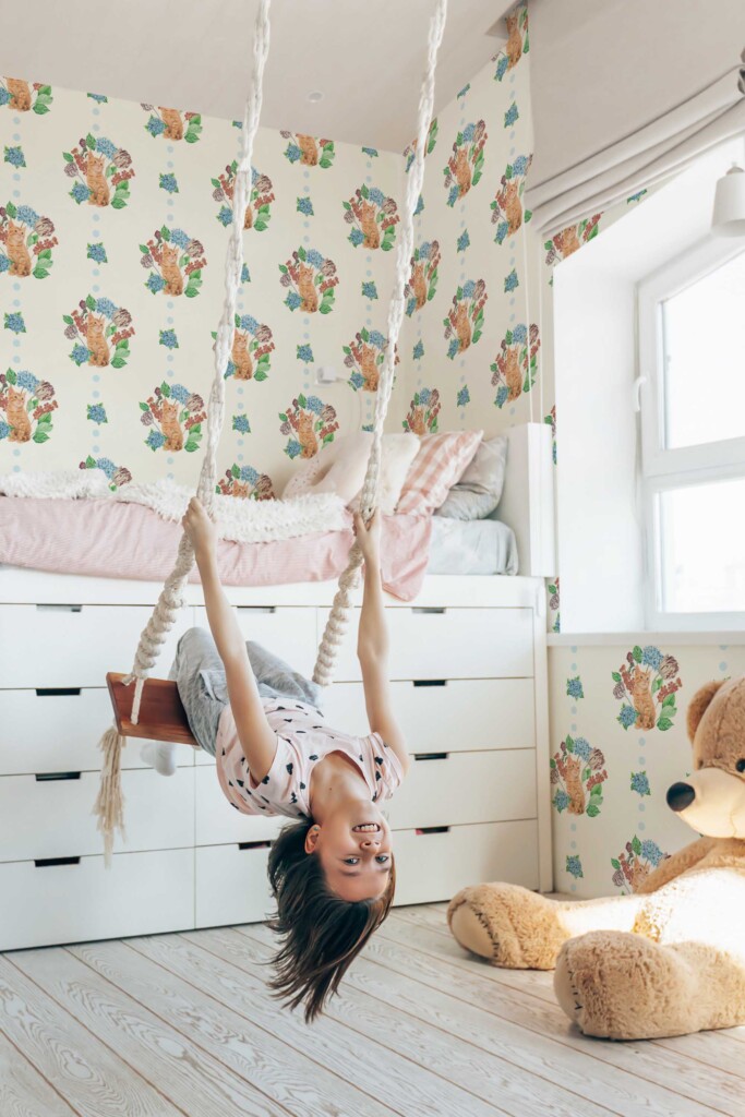 Peel and stick wallpaper with beige floral cat pattern by Fancy Walls