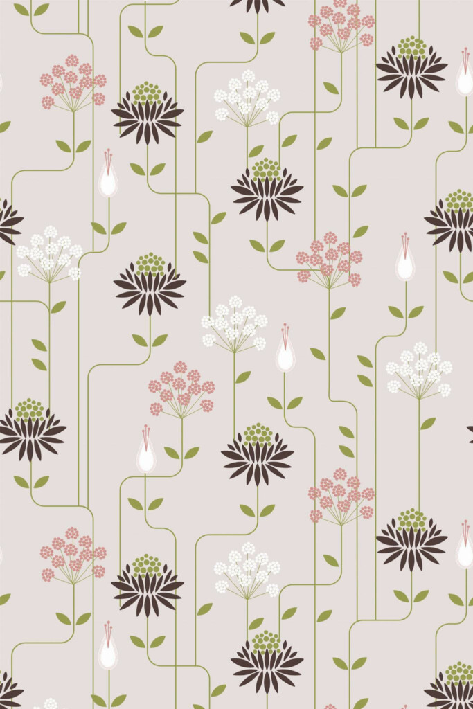 Pattern repeat of Beige Art deco floral removable wallpaper design