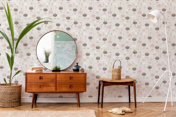 Beige Art deco floral removable wallpaper