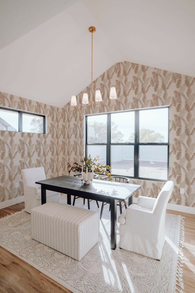 Elegant minimal style dining room decorated with Beige Banana leaf peel and stick wallpaper